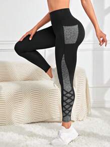 Easithlete Quần legging thể thao cạp rộng Colorblock có túi đựng điện thoại dành cho nữ tập yoga - màu đen - Xem 2
