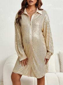 SHEIN Maternity Drop Shoulder Sequin Shirt Dress - Champagne - View 4