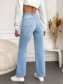 EURMUSE High Waist Ripped Straight Leg Jeans - Light Wash - View 2