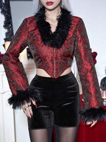 PUNK 萬聖節毛茸邊不對稱下擺短夾克 - 酒紅色 - 查看 4