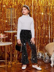 SHEIN 女大童下擺開叉亮片喇叭褲 - 黑色 - 查看 5