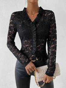 Chiquease Ruffle Trim Lace Top - Black - View 4