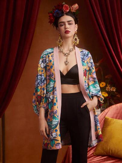 Fer Patiño Frida Kahlo X SHEIN X Designer Floral Print Contrast Trim Kimono Designer, For Summer Beach Vacation, Festival