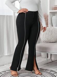 SHEIN Essnce Plus Contrast Piping Split Hem Flare Leg Jeans - Black - View 5