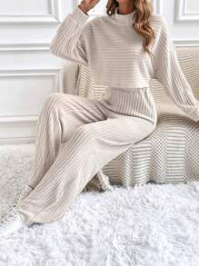 SHEIN Frenchy 小高領落肩T恤&闊腿褲 - 杏色 - 查看 4