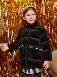 SHEIN Young Girl Contrast Binding Zipper Hooded Padded Coat - Black - View 4