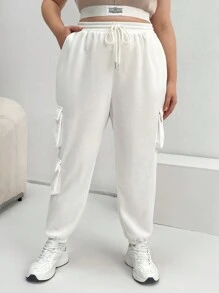 SHEIN Essnce 加蓋袋側抽繩腰運動褲 - 白色 - 查看 4