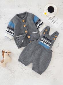SHEIN Baby Boy Geo Pattern Cardigan & Knit Romper - Grey - View 1