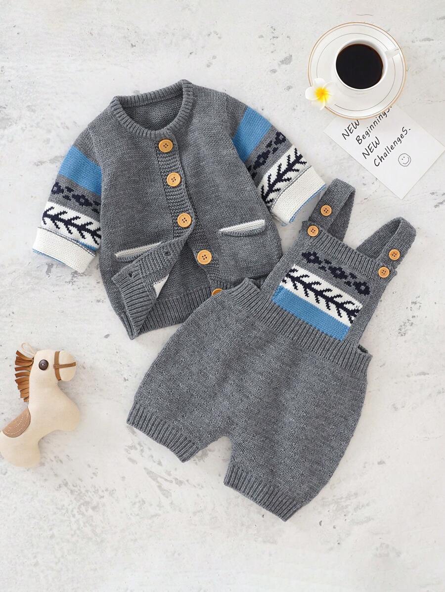 SHEIN Baby Boy Geo Pattern Cardigan & Knit Romper - Grey - View 1