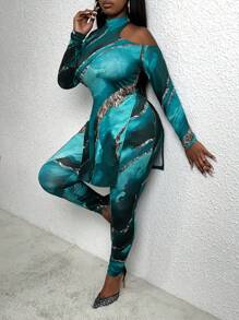 Slaydiva Hơn In Đá cẩm thạch Cổ không đối xứng Áo thun và Leggings - Xanh và trắng - Xem 3