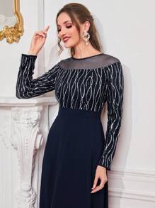 Modelyn Contrast Mesh Sequin Detail Dress - Navy Blue - View 5