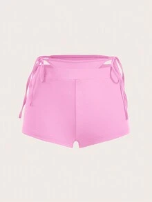 SHEIN ICON Pha lê Mẫu chữ Cắt ra Nút ven Quần short - Màu Hồng baby - Xem 2