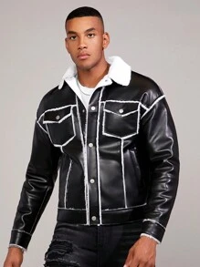 GENTILAND Men Borg Collar Teddy Lined PU Leather Jacket - Black - View 3