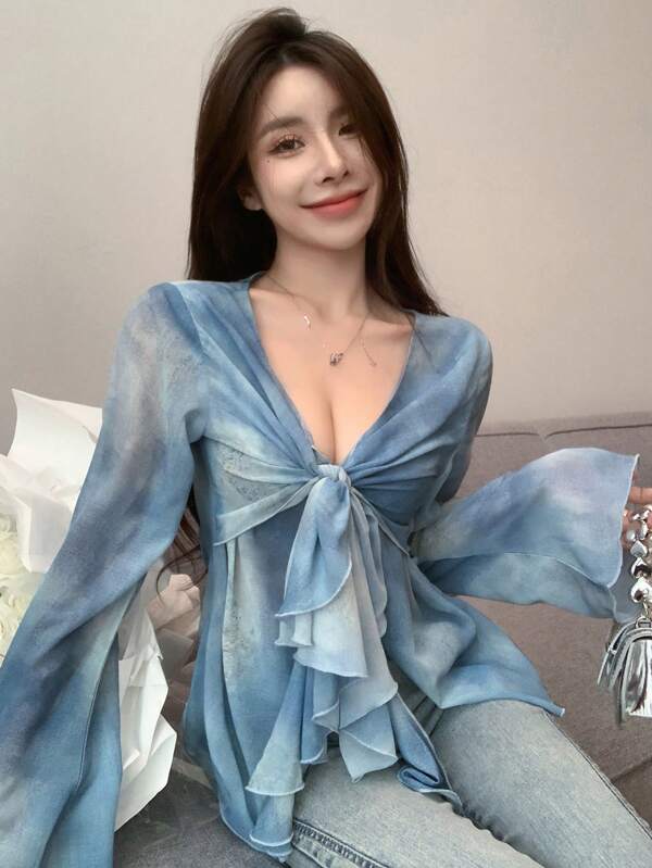 DAZY Tie Dye Knot Front Ruffle Trim Flounce Sleeve Blouse