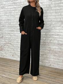 EMERY ROSE Solid Drop Shoulder Slant Pocket Wide Leg Jumpsuit - Black - View 5