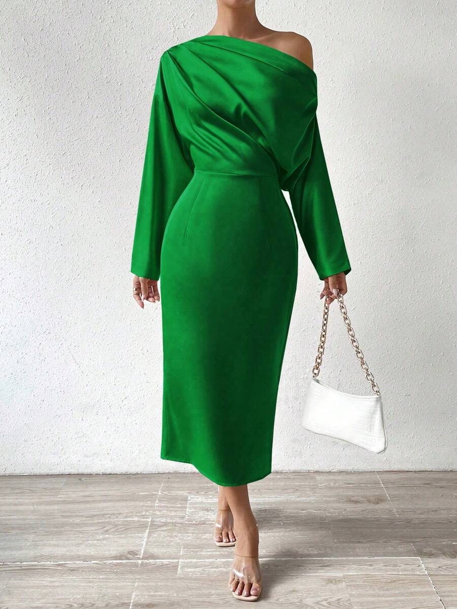 SHEIN Unity Cổ không đối xứng tay cánh Đầm - màu xanh lá - Xem 1