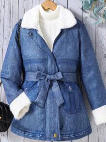 SHEIN 少女冬季Borg毛領配帶外套，不包含毛衣 - 藍色 - 查看 1