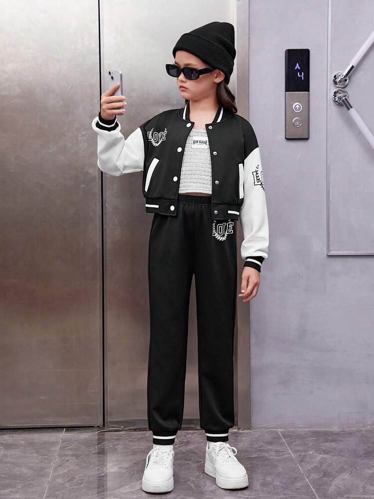 Tween Girl 1pc Letter Graphic Two Tone Varsity Jacket & 1pc Sweatpants