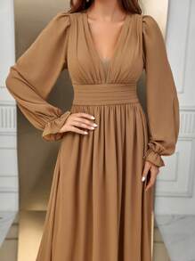 SHEIN Belle Plunging Neck Flounce Sleeve Maxi Bridesmaid Dress Elegant Dress