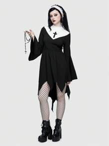 ROMWE Avant 拼色荷葉邊袖手帕下擺洋裝 - 黑與白 - 查看 4