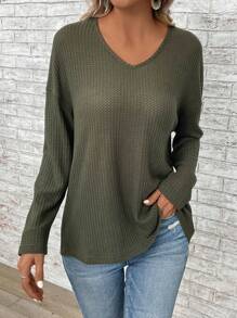 EMERY ROSE Women's Solid V-Neck Drop Shoulder Long Sleeve Loose Casual T-Shirt, Spring & Summer Tops With Sleeves Fall Women Clothes - Army Green - View 3