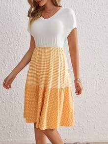 SHEIN VCAY Striped & Polka Dot Print Ruffle Hem Dress - Multicolor - View 5