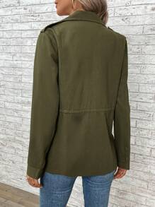 EMERY ROSE 翻蓋口袋拉鏈開襟連帽外套 - 軍綠色 - 查看 2