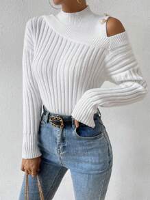 Chiquease Mock Neck Cut Out Shoulder Ribbed Knit Sweater - White - View 5