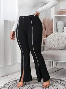 SHEIN Essnce Plus Contrast Piping Split Hem Flare Leg Jeans - Black - View 3