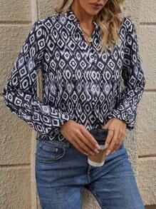 Allover Print Notched Neckline Lantern Sleeve Blouse - Multicolor - View 4
