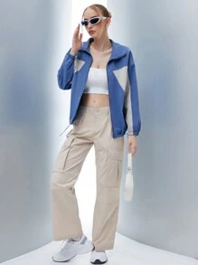 SHEIN Unity 撞色拉鏈開襟抽繩下擺落肩袖夾克 - 彩色 - 查看 3