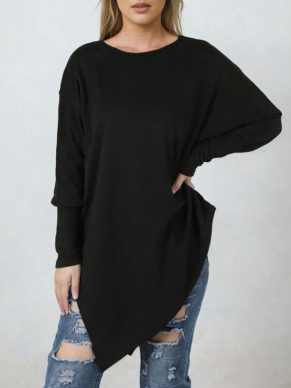 Solid Asymmetrical Hem Sweatshirt