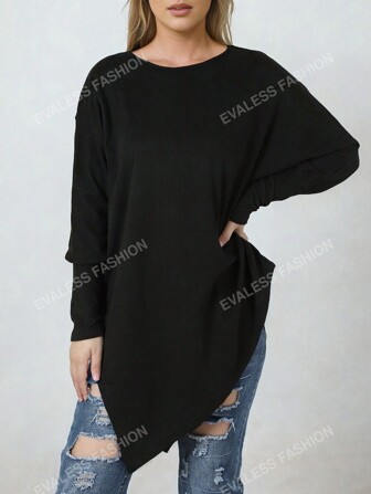 Solid Asymmetrical Hem Sweatshirt