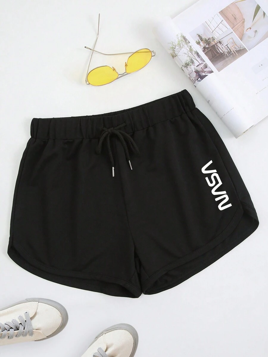 INAWLY Letter Graphic Drawstring Waist Track Shorts - Black - View 1