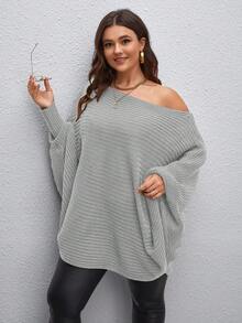 Calvaya Plus Off Shoulder Batwing Sleeve Ribbed Knit Poncho - Light Grey - View 5