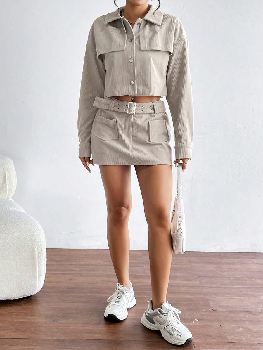 SHEIN Essnce Drop Shoulder Crop Jacket & Belted Skirt - Light Grey - View 1