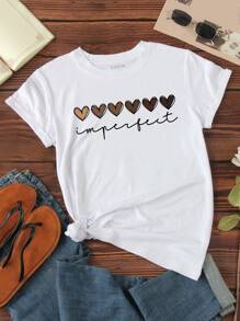 SHEIN LUNE 愛心和字母圖案T恤 - 白色 - 查看 1