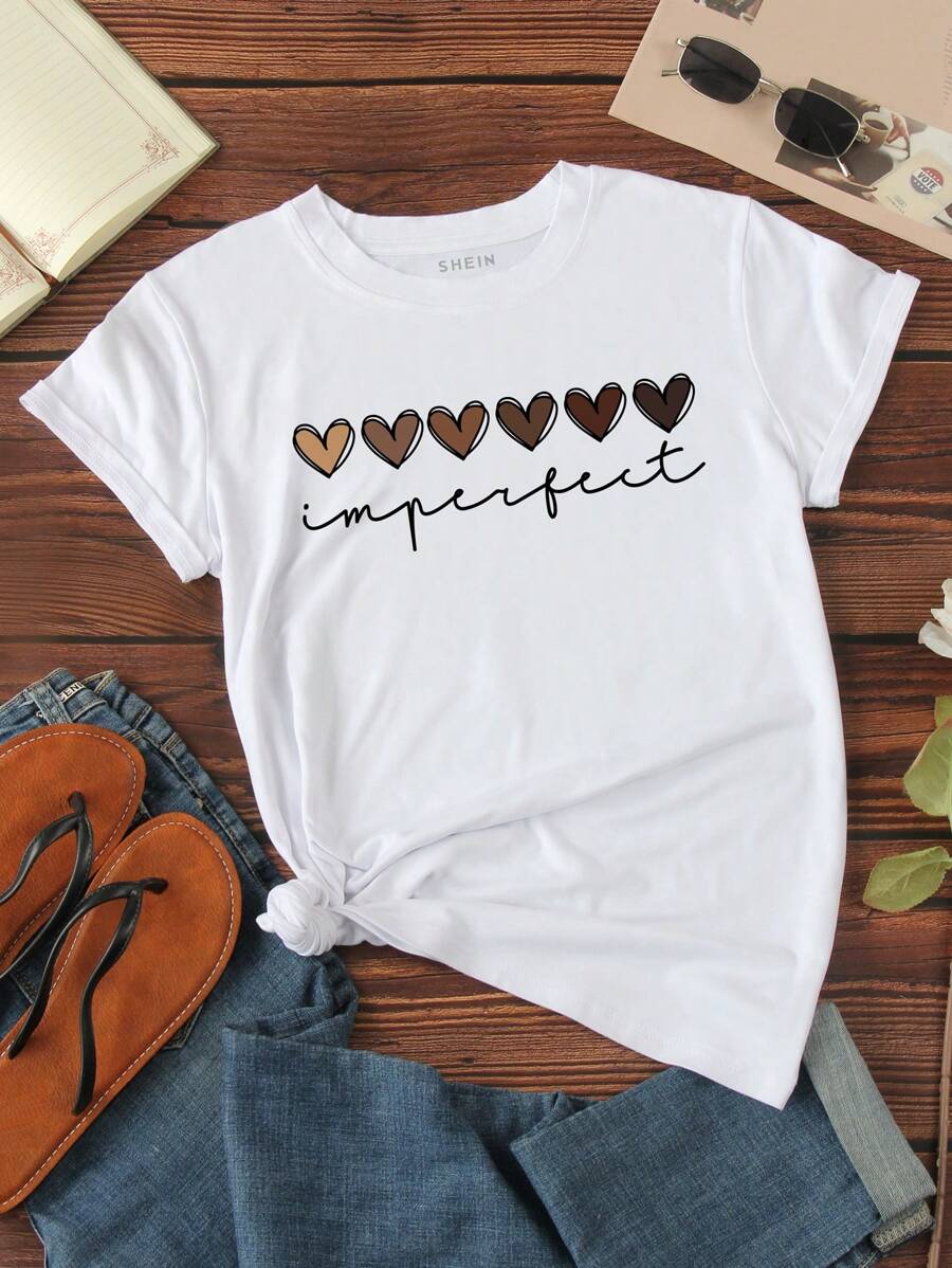 SHEIN LUNE 愛心和字母圖案T恤 - 白色 - 查看 1