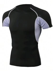男士色塊拉幫袖運動T恤，男士壓力上衣 - 黑色 - 查看 1