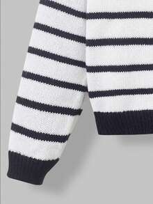 Tween Boy Striped Pattern Embroidery Detail Drop Shoulder Cardigan - Black and White - View 5