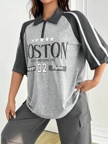 SHEIN EZwear T-Shirt mit Buchstaben Grafik, Kontrastsaum, Raglanärmeln, Viertel Reißverschluss - Grau - Übersicht 6