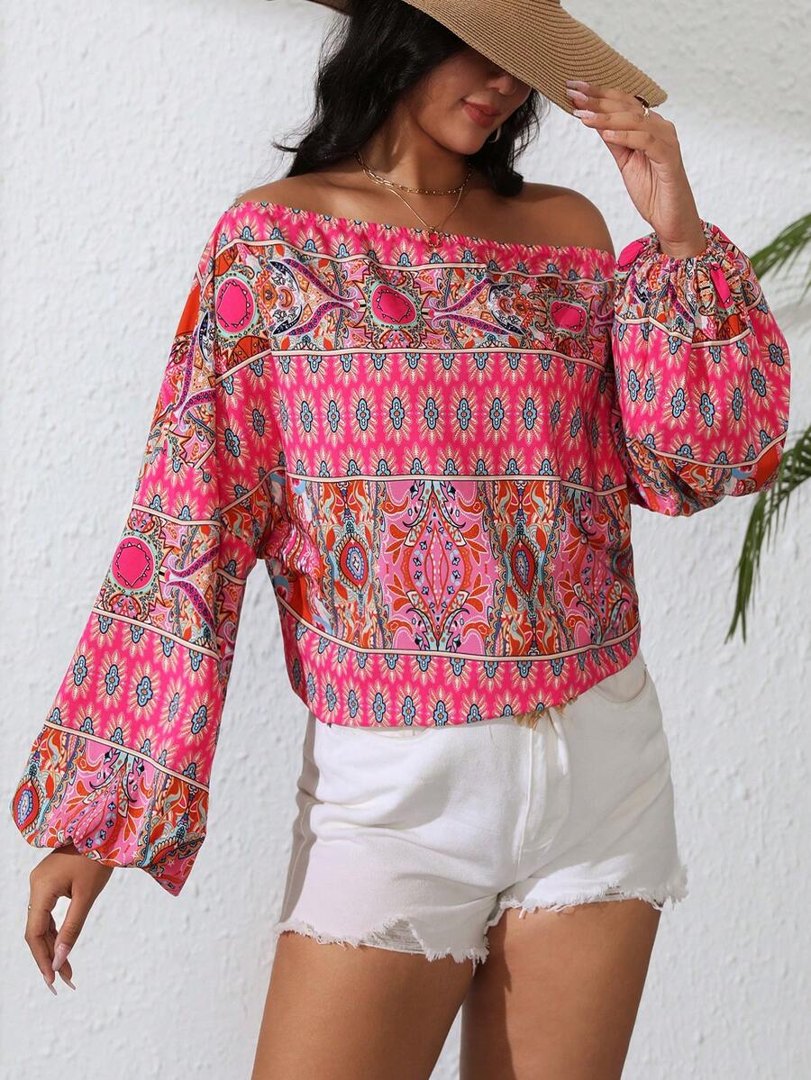 SHEIN VCAY Talla grande Blusa con estampado floral de hombros descubiertos de manga farol - Multicolor - Ver 1