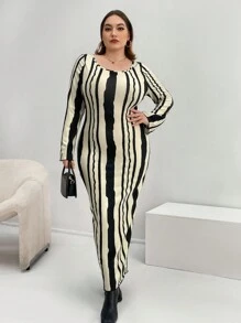SHEIN Essnce Plus Striped Print Bodycon Dress - Black - View 6