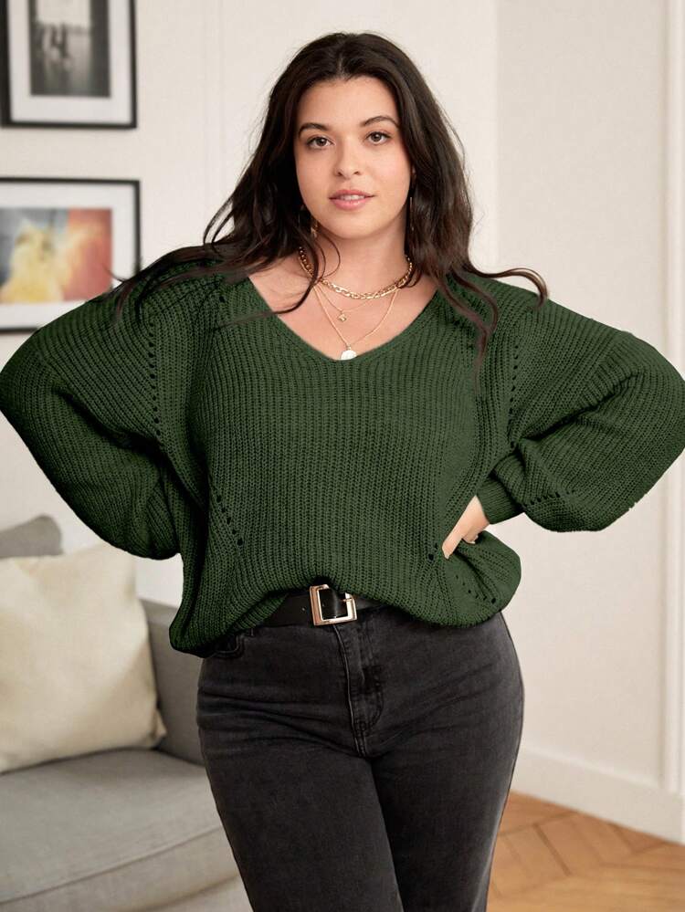 Plus Size Women Solid Color V-Neck Hollow-Out Long Sleeve Casual Pullover Sweater, Versatile For Commuting, Autumn/Winter Knit Pullover Fall Sweater
