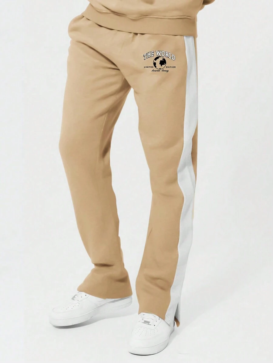 Manfinity Hypemode Lỏng lẻo Nam Lá thư In Đồ họa Trái đất Tương phản Đường may bên Quần thể thao - Màu Khaki - Xem 1