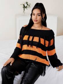Calvaya Plus Striped Pattern Foldover Off Shoulder Fringe Trim Sweater Knit Pullover Fall Winter Sweater - Orange - View 5