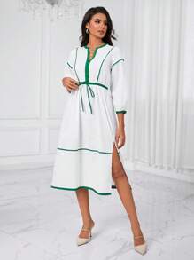 Aveloria Contrast Binding Drawstring Waist Split Thigh Dress
