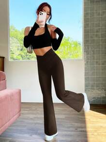SHEIN EZwear Retro Style Brown Solid Flare Leg Pants - Chocolate Brown - View 5