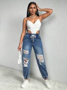 SHEIN SXY Eo dây rút Rách Frayed Cắt ra Quần jean - Rửa nhẹ - Xem 1