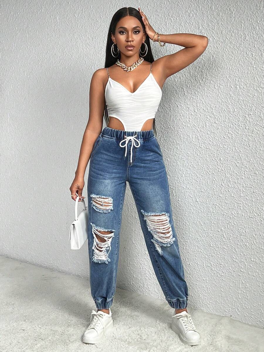 SHEIN SXY Eo dây rút Rách Frayed Cắt ra Quần jean - Rửa nhẹ - Xem 1